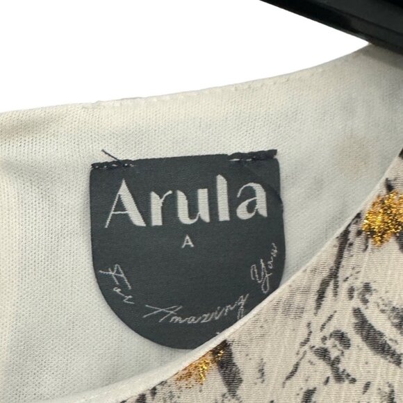 Arula Boho Chic Long Sleeve Dress Size A Beige & Gold Leaf Pattern - Picture 2 of 8